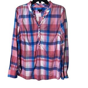 Talbots Ruffle Neck 1/2 button Henley Pullover Plaid Pink/blue blouse top LARGE